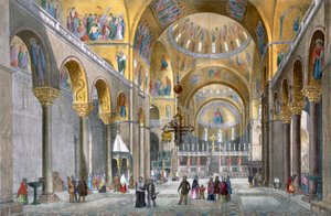 Interiør av San Marco-basilikaen, med utsikt mot kuppelen, fra Views of Venice av Cecchini, Pividor og Viola, ca. 1850 (håndfarget litho) av Italian School