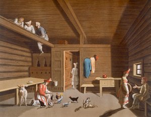 Interiør i et russisk bondehjem, ca. 1820-30-tallet av Italian School