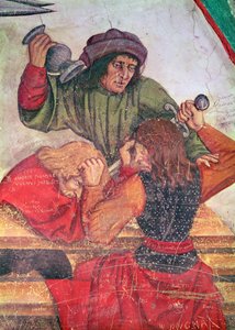 Interiør i et vertshus, detalj om drikkere som kjemper (fresco) av Italian School