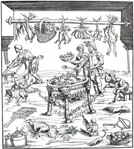 Interiør i et italiensk kjøkken, etter tresnitt i Banchetti composidi di Vivende av Christoforo di Messisburgo, utgitt 1549 av Italian School