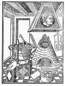 Innvendig visning av et metallurgiverksted Gravering fra "Voarchadumia contra alchimiam ars distincta ab archimia et sophia.." av Giovanni Agostino Pantheo (1517-1535) av Italian School