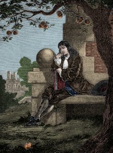 Isaac Newton ser et eple falle til bakken mens han sitter under et tre av Italian School