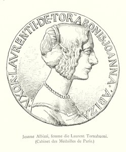 Jeanne Albizzi, kone til Laurent Tornabuoni, Cabinet des Medailles de Paris (gravering) av Italian School
