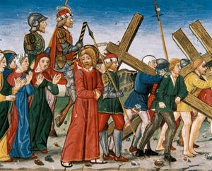 Jesus leder til Golgata og de hellige kvinner på veien. Manuskript av Cristobal de Predis (1440-1486) av Italian School