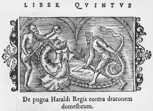 Kong Harald kjemper mot en drage, illustrasjon fra History of the Northern Nations av Olaus Magnus (1490-1558), publisert i Roma, 1555 av Italian School