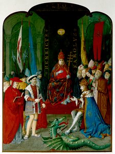 Kong Henrik VIII i tvist med keiser Charles V før pave Leo X. Henry holder en rulle, som kan være oksen fra 1521 som ga ham tittelen 