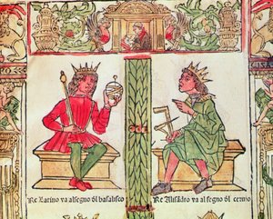 Kong Latinus og kong Alexander, fra The Book of Fate av Lorenzo Spirito Gualtieri (trykt papir) av Italian School