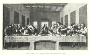 Nattverden av Leonardo da Vinci, refektoriet til klosteret Santa Maria delle Grazie, i Milano (gravering) av Italian School
