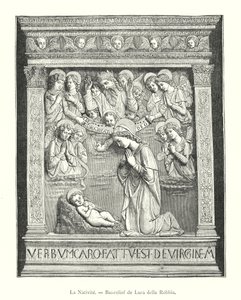 La Nativite, Bas-relieff av Luca della Robbia (gravering) av Italian School