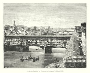 Le Ponte Vecchio, Construit en 1345 av Taddeo Gaddi (gravering) av Italian School