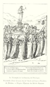 Kyskhetens triumf, av Petrarch, faksimile av en gravering fra 1400-tallet tilskrevet Nicoletto da Modena, etter British Museum Print (gravering) av Italian School