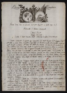 Brev på italiensk, med en skildring av hodet til Brutus den yngre, en brennende hånd som representerer Gaius Mucius Scaevola, og mottoet til den franske revolusjonen av Italian School