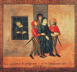 Livet til Antonio di Guiseppe Rinaldeschi - Hentet fra fengselet for å prøves, Florentine School (olje på panel) (detalj) av Italian School