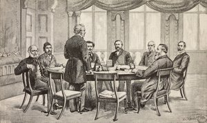 London-konferanse om Egypt, Storbritannia: Grev Munster, Musurus Pasha, Granville (stående), grev Nigra, Waddington, De Staal, Childers, grev Karolyi, gravering fra tegning av Edoardo Ximenes, fra L