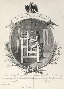 Vevstol for å lage sokker, bukser og hansker, gravering for plakat som reklamerer for Stanislaus Bosiso-selskapet, Italia av Italian School