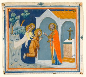 MS McClean folio 201.4 r St. Mary Magdalene, i villmarken rundt Aix, blir båret av engler til St. Maximin, som administrerer hennes siste nattverd, ca. 1330 av Italian School
