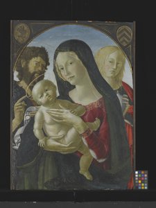 Madonna og barn med døperen Johannes og Maria Magdalena (tempera på tre) av Italian School