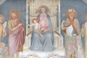 Madonna og barn, Angel Gabriel, Saint John the Baptist, Saint Ambrose, Saint Bernard av Italian School