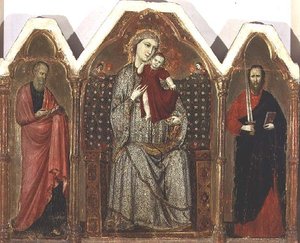 Madonna and Child Enthroned, med SS. Johannes evangelisten og Paulus, Riminese School (triptykpanel) av Italian School