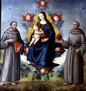 Madonna og barn, flankert av SS Francis av Assisi og Anthony av Padova (tempera på panel) av Italian School