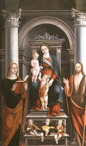 Madonna og barn mottar en rose fra spedbarnet St. Johannes døperen, med helgener og engler av M.B. (monogram) av Italian School