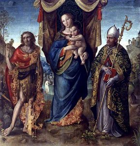 Madonna og barn med helgener (olje på panel) av Italian School