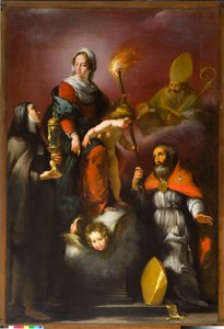 Madonna med barnet og de hellige Clare, Ambrose og Erasmus, ca. 1625 av Italian School