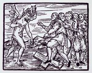 Mannlig heks som forsaker Kristus, kopi av en illustrasjon fra Compendium Maleticarum av Fr M Guaccius, Milano 1608, brukt i History of Magic, utgitt sent på 1800-tallet