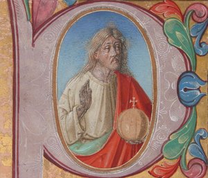 Manuskriptbelysning med Salvator Mundi i en innledende P, fra en korbok (tempera, blekk og gull på pergament) av Italian School