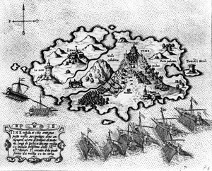 Kart over øya Tinos med den venetianske flåten, 1600-tallet