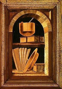 Marquetry panel av et stilleben med bøker (tre) av Italian School