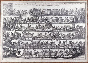 Maskerade: prosesjon og dans av mennesker masker i anledning karneval. Milano 20/02/1764 Gravering fra 1700-tallet av Italian School