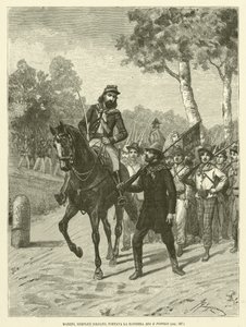 Mazzini, enkel soldat, bar flagget til Gud og mennesker (gravering) av Italian School