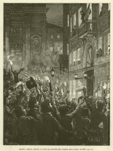 Mazzini i Milano, Arringa folket fra balkongen til Albergo Della Bella Venezia (gravering) av Italian School