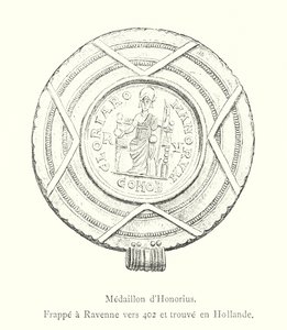 Medallion of Honorius, truffet ved Ravenna rundt 402 og funnet i Holland (gravering) av Italian School