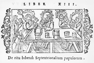 Menn som drikker, illustrasjon fra History of the Northern Nations av Olaus Magnus (1490-1558), utgitt i Roma, 1555 av Italian School