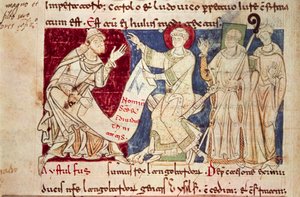 Miniatyr fra Chronicon Vulturnense, opplyst kodeks komponert av munken Iohannes, ca. 1130, Italia av Italian School