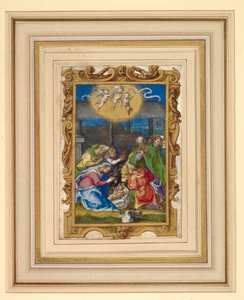 Miniatyr av fødselen med den hellige familie og gjetere i en stall, med tre putti som bærer en påskrevet rulle over og kunngjøringen til gjeterne i bakgrunnen (vellum) av Italian School