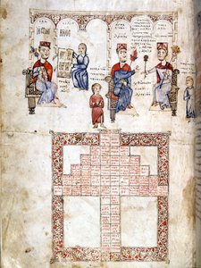 Miniatyrside av ”Ecloga Legum””, juridisk manuskript fra 1175. Karakterene som vises er fra venstre mot høyre Justinian I (482 - 565), Leo I (457-474) og Konstantin I den store (270/288 - 337) . Venezia, bibl. Marciana. av Italian School