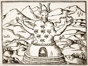 Moloch, kopi av en illustrasjon fra Oedipus Aegyptiacus av Athanasius Kirchner, Roma 1652, brukt i en magihistorie, utgitt sent på 1800-tallet av Italian School