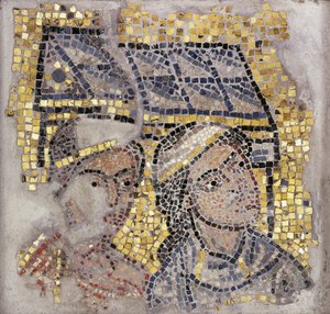 Mosaikkpanel med to hoder og en bygning i bakgrunnen, ca. 1213 (mosaikk) av Italian School