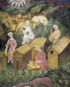 Fjellbeite. Melking av kyrne og osteproduksjon (fresco) av Italian School