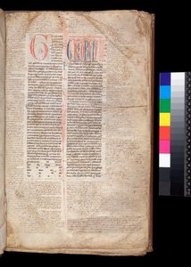 Ms 213. Gregory IX, Decretales with Apparatus av Bernardo Botone fra Parma, F.1r. Initial [G] i rødt med reservert og blå pennarbeidsdekor av Italian School