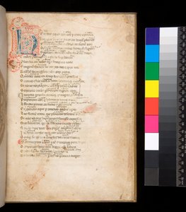 Ms 315. Horace, Ars Poetica og Epistulae, f.1r. Dekorert initial [N] i blått og rødt bleiefyll og omkringliggende penneverk i rødt av Italian School