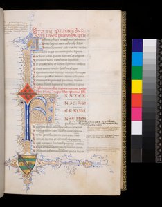 Ms 329. Statius, Thebaid, f.19r. Opplyst initial [F] i blått med reservert dekor for incipit, og mindre initial [A] i gull for argumentum, og intrikat kontrasterende pennoppblomstring av gull og blått, som strekker seg til å danne en L-formet foliate bo av Italian School