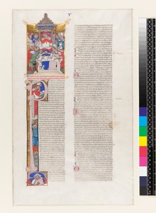 Ms 331 fol.1r Side med tekst med en historisk initial P og en miniatyr som viser en kardinal på tronen, fra bok V i Gregor IX.s dekreter, fra Bologna, ca. 1350 av Italian School
