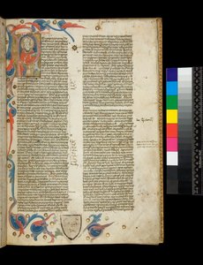 Ms 370. Orosius, historien om hedningene mot hedningene Opplyst bebodd initial [P], med portrett av forfatter kledd som en biskop, og delvis kant med bladmotiver, Bologna eller Padua av Italian School