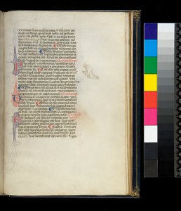 Ms 373. Pseudo-Cicero, Rhetorica ad Herennium og andre verk, f.50r. Initialer med penneblomster og en pennedekor i margen som representerer en knelende barfotmunk, ca. 1337 av Italian School