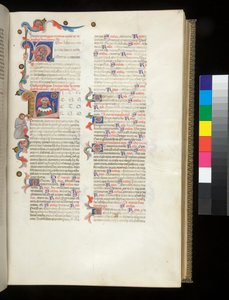 Ms 390. Seneca den yngre, Opera og Seneca den eldre, Excerpta controversiarum, f.95r. Bebodd initial [L], med portrett av Seneca som peker på lykkehjulet og på en nedslått mannsfigur i grensen av Italian School