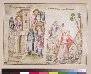 Ms 43-1950 (5v) Christs Temptation, Daniel ødelegger Bel, fra Speculum Humanae Salvationis av Italian School
